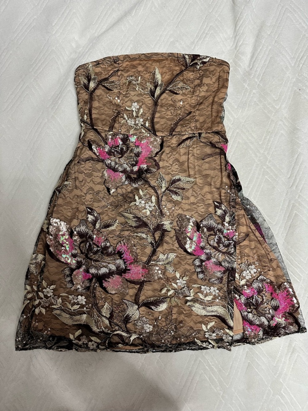 Free People Strapless Floral Cocktail Dress in Brown and Pink